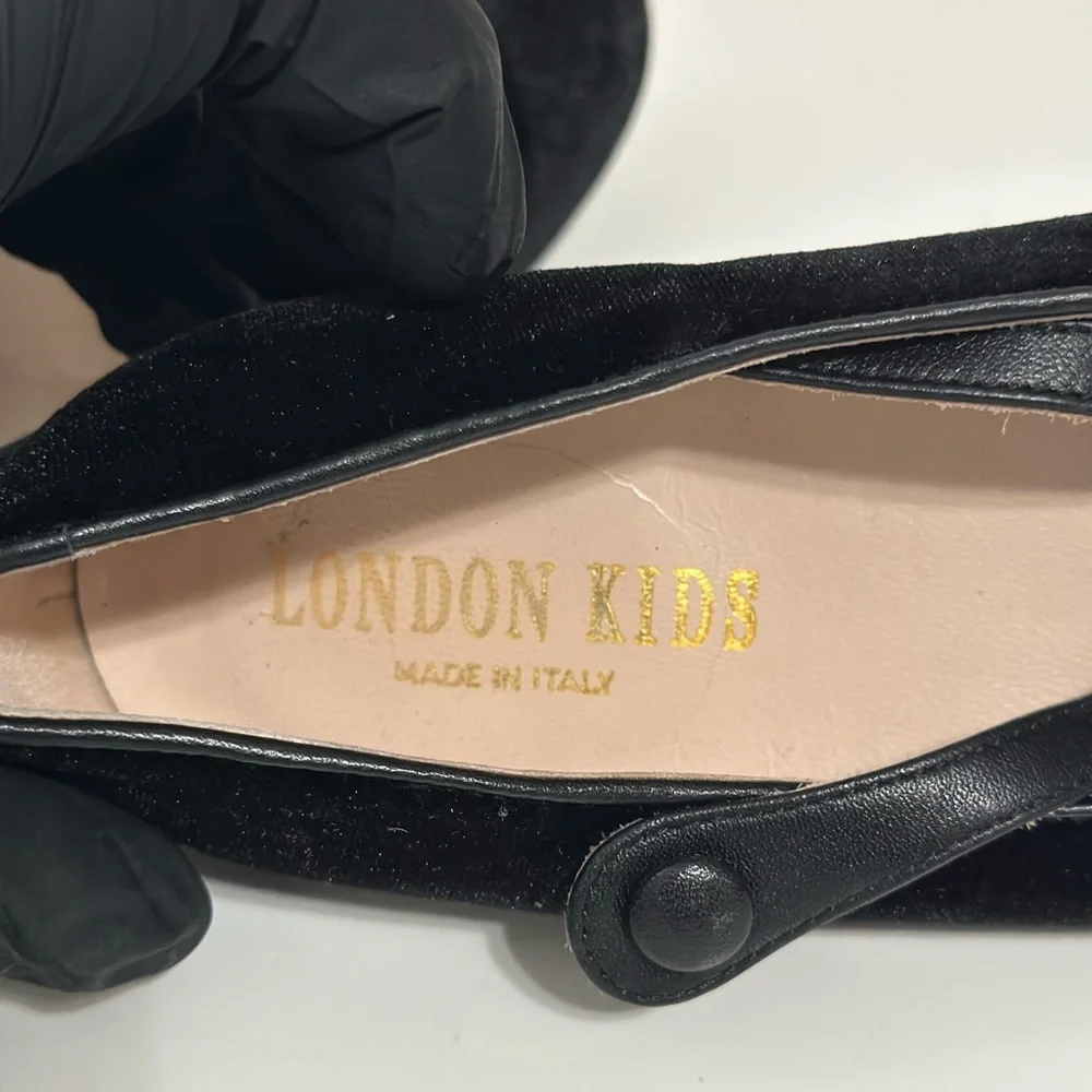 London Kids Black Velvet Strap Shoes Girl’s Size (EU)32 (US) 1 Made In Italy